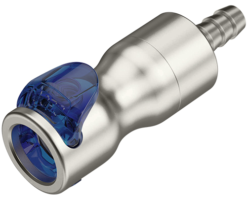 LQ4SD17004BLU - Kupplung Edelstahl mit Schlauchtülle 6,4 mm, mit Absperrung, blau, Non-Spill